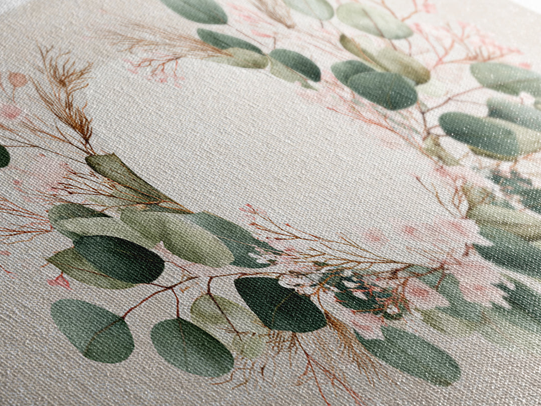 Eucalyptus Floral Wreath Wall Art, Botanical Greenery Print, Neutral Boho Home Decor, Living Room Above Bed Horizontal Canvas