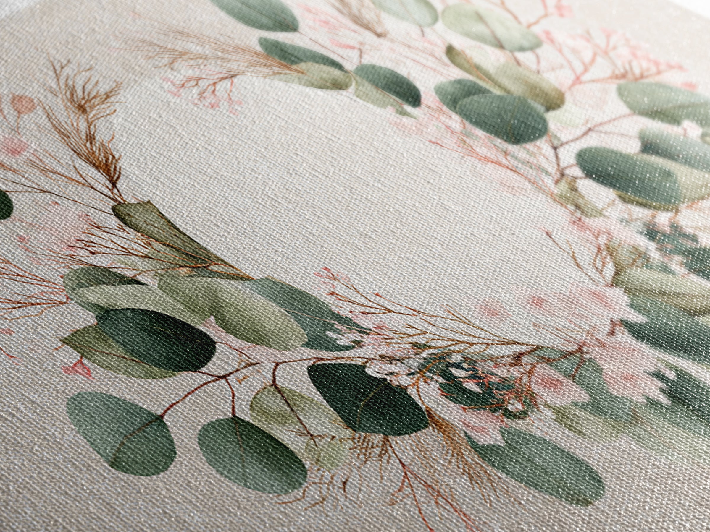 Eucalyptus Floral Wreath Wall Art, Botanical Greenery Print, Neutral Boho Home Decor, Living Room Above Bed Horizontal Canvas