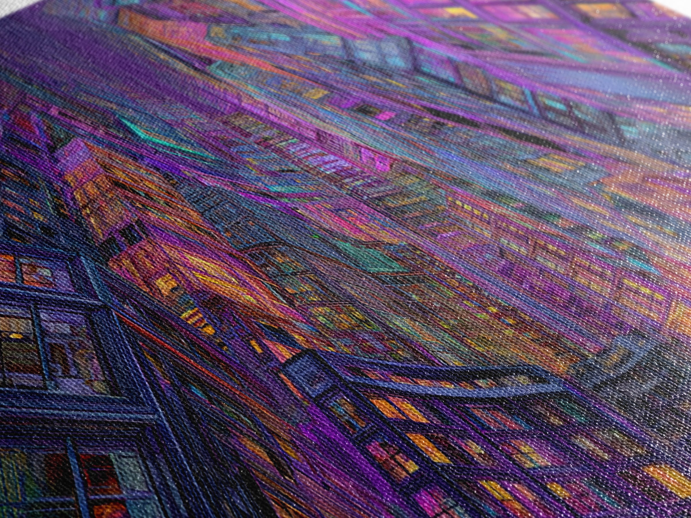 Vibrant Neon Cityscape With Tall Skyscrapers Artistic Wall Art Print, Colorful Urban Home Decor, Modern Framed Canvas Print