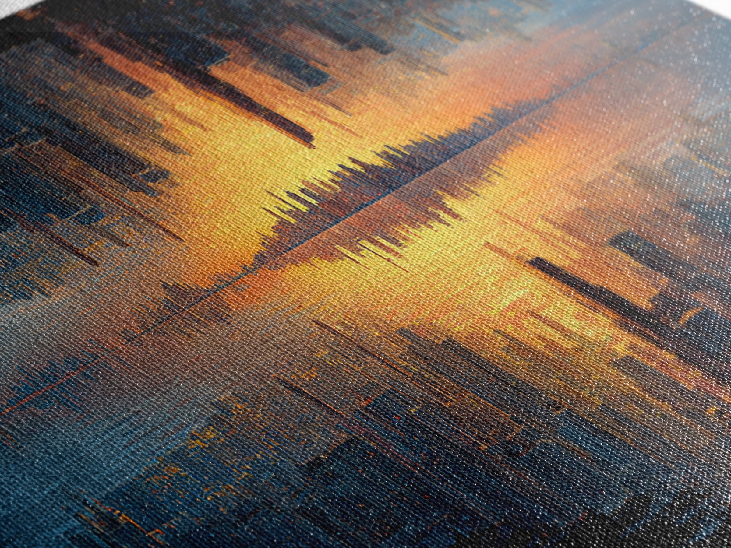 Abstract Cityscape Digital Painting Featuring Inverted Skyline And Sunset Reflection, Canvas Print For Modern Wall Art And Home Decor