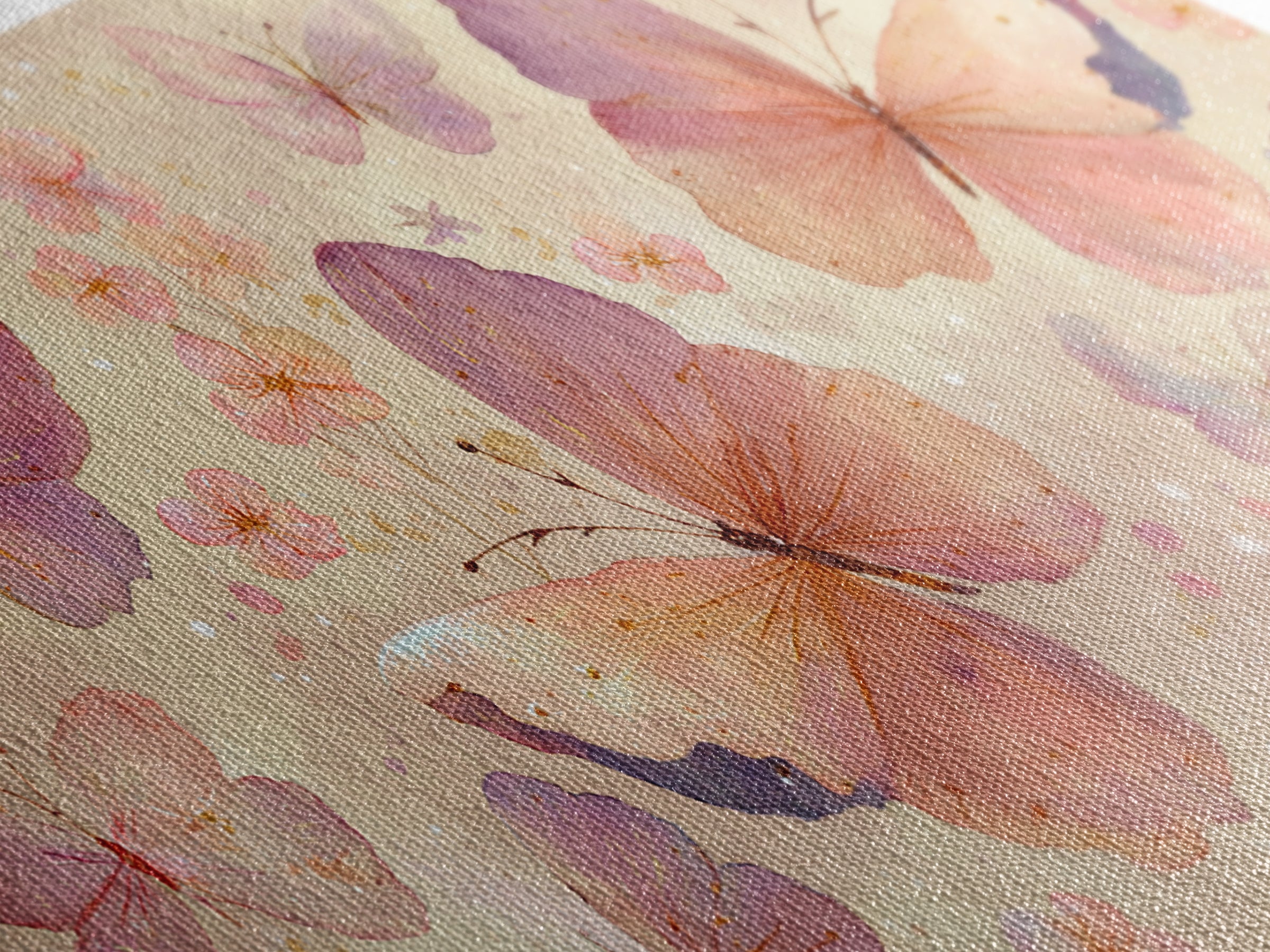 Blush Pink Butterflies And Tiny Flowers Wall Art, Pastel Canvas Print, Whimsical Nursery Bedroom Decor, Feminine Gift For Her