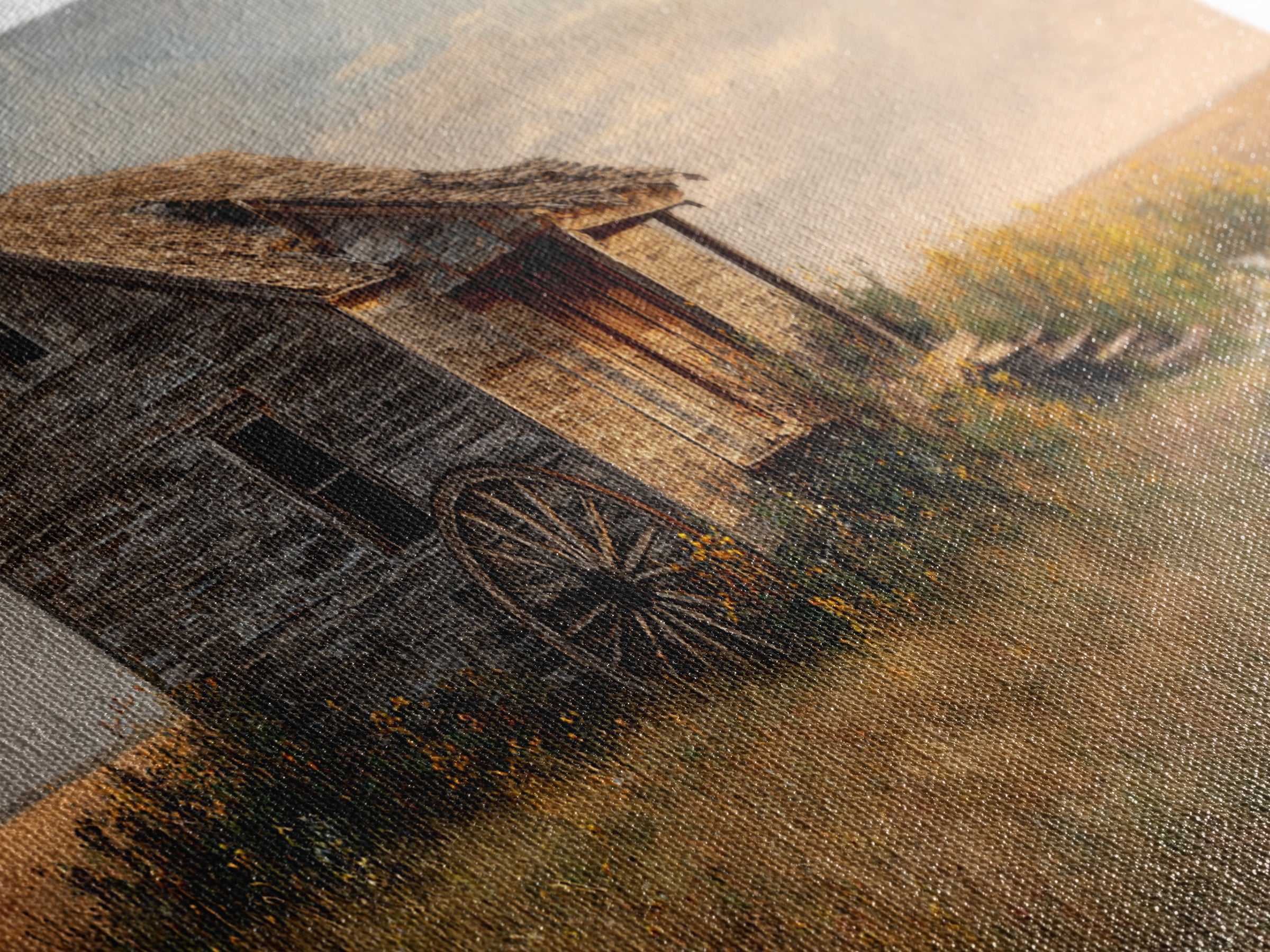 Rustic Abandoned Schoolhouse In Countryside Autumn Landscape Painting Wall Art Canvas Print For Farmhouse Décor