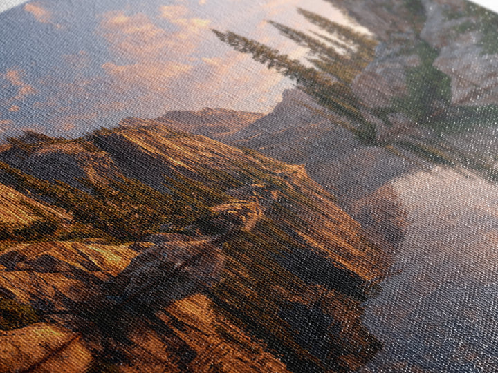Golden Hour Mountain Lake Landscape With Reflection And Trees Framed Canvas Print Rustic Wall Art For Living Room Decor