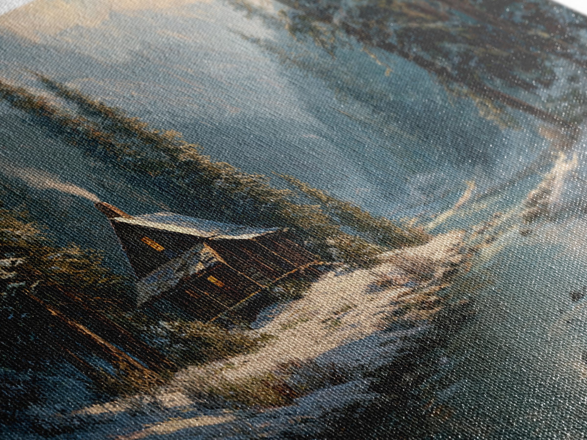 Rustic Winter Landscape Painting Of Cabin Beside Snowy Stream Large Wall Art Original Painting Canvas Print