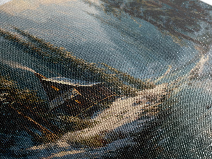 Rustic Winter Landscape Painting Of Cabin Beside Snowy Stream Large Wall Art Original Painting Canvas Print