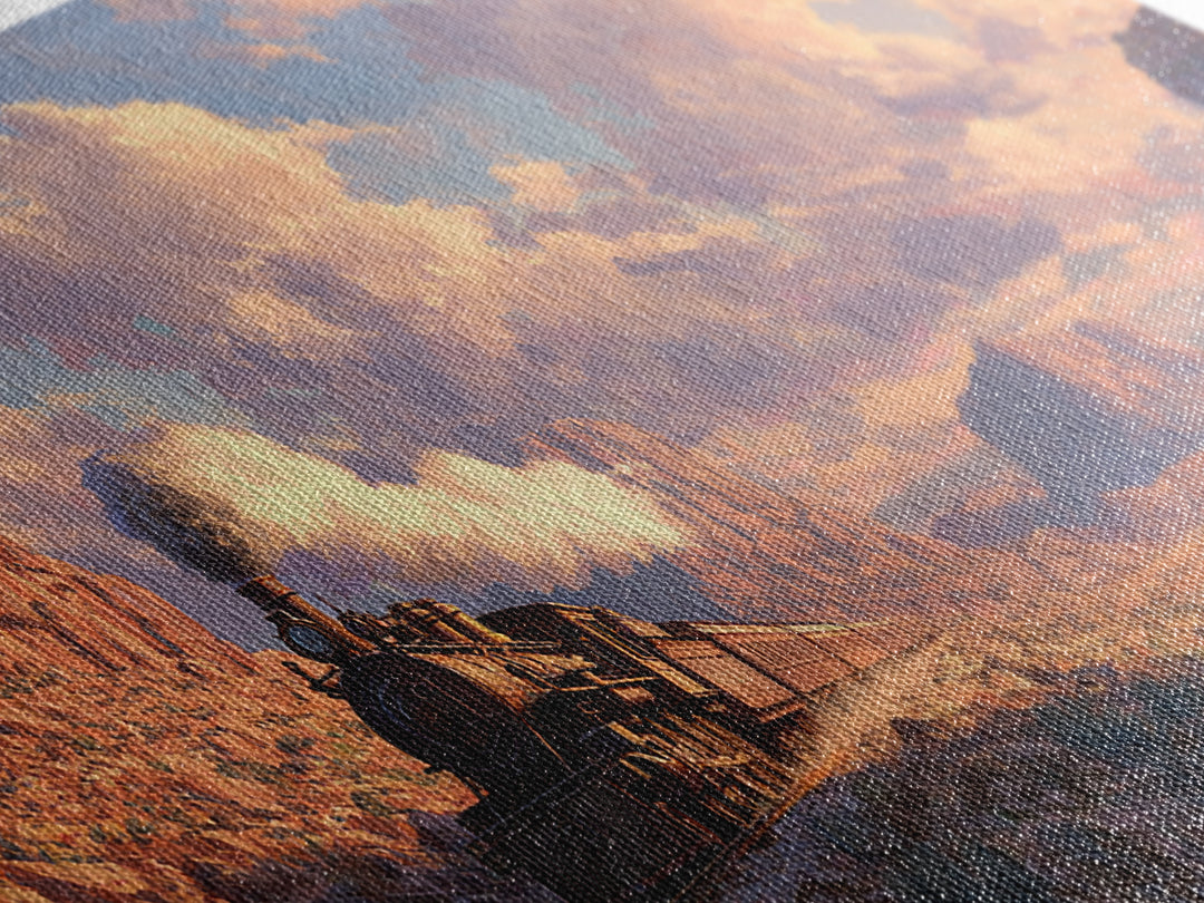 Vintage Steam Locomotive Train Crossing Desert Canyon Landscape Painting Canvas Print Rustic Wall Art