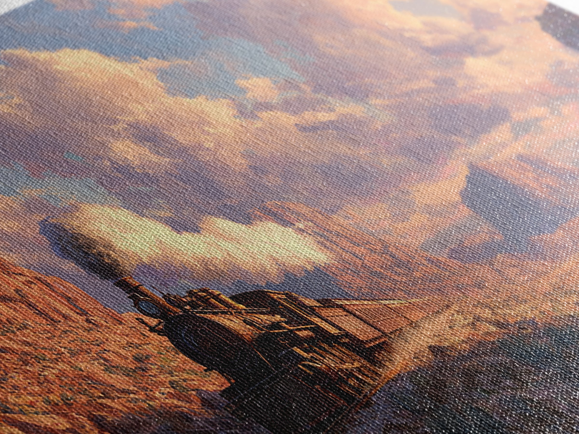 Vintage Steam Locomotive Train Crossing Desert Canyon Landscape Painting Canvas Print Rustic Wall Art