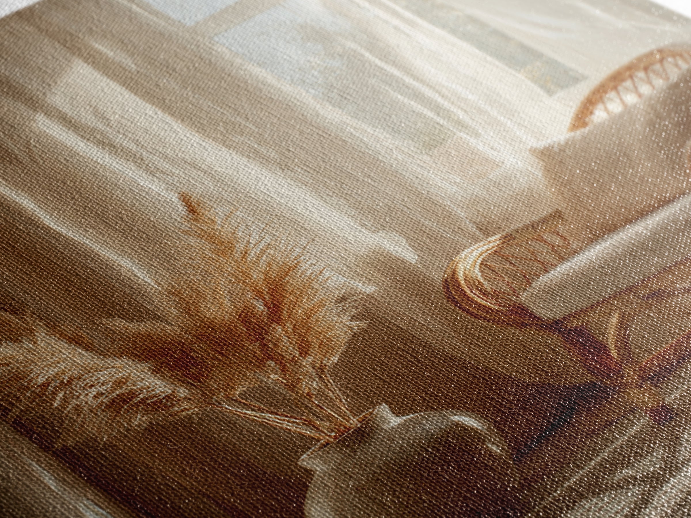 Sunlit Rattan Chair With Pampas Grass Framed Canvas Print, Boho Wall Art, Neutral Home Decor, Cozy Bedroom Wall Decor Print