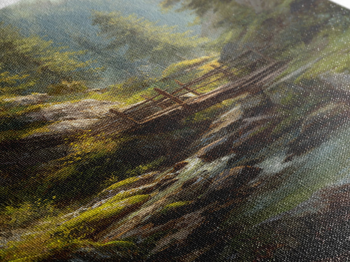 Peaceful Forest Stream Landscape Oil Painting With Bridge And Sunlight Fine Art Print Wall Art