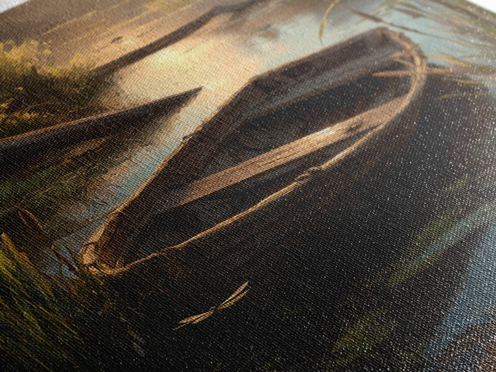 Serene Landscape Oil Painting Of Old Wooden Boat On Calm Water With Dragonflies Wall Art Framed Canvas Print