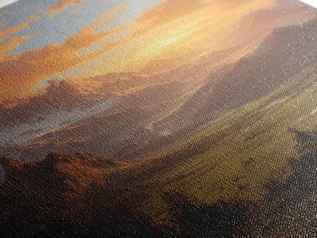 Romantic Mountain Valley Landscape Painting At Sunset Wall Art Print For Living Room Decor Framed Canvas Print Nature Home Decor