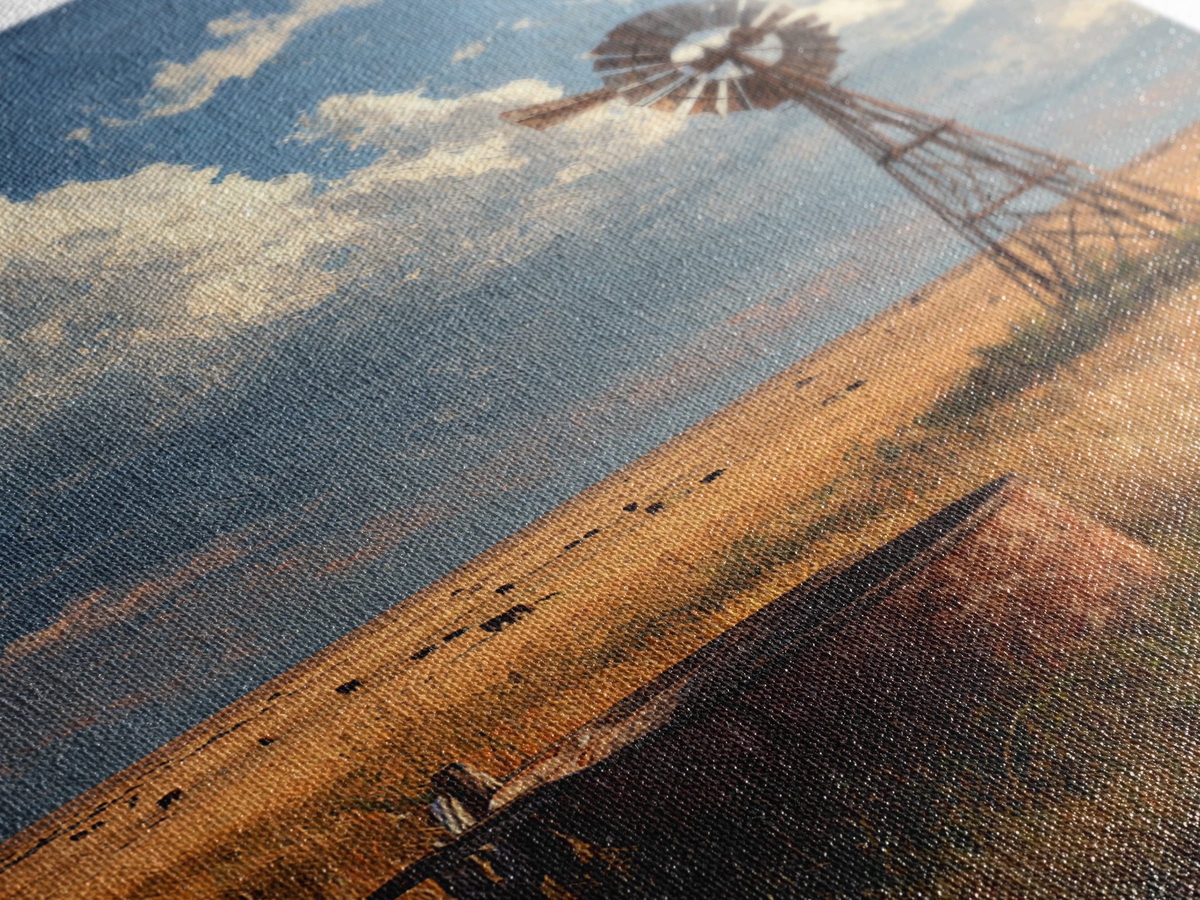Rustic Windmill Landscape With Golden Fields Under Cloudy Sky - Large Wall Art Canvas Print Rustic Home Decor