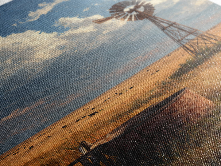 Rustic Windmill Landscape With Golden Fields Under Cloudy Sky - Large Wall Art Canvas Print Rustic Home Decor