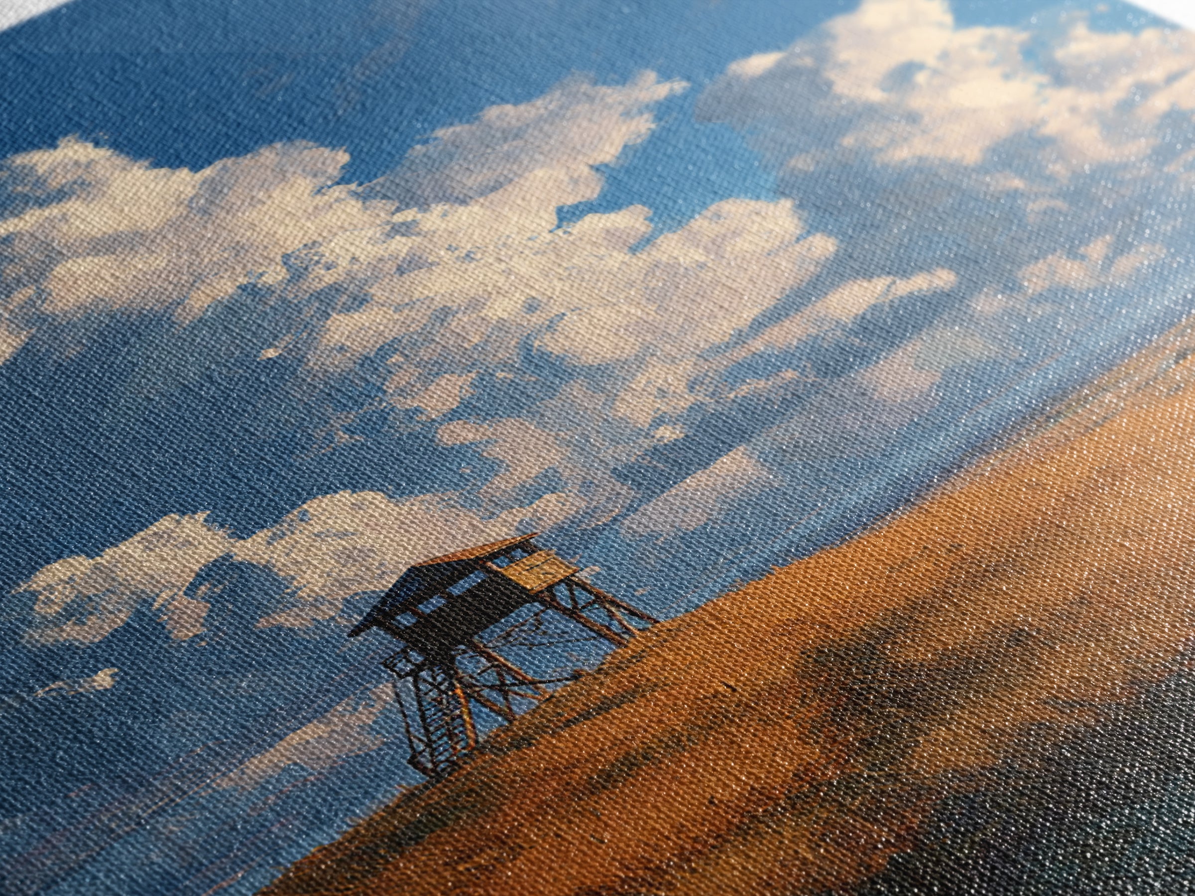 Blue Sky With Clouds Over Rustic Watchtower In Field Landscape Wall Art Original Canvas Print