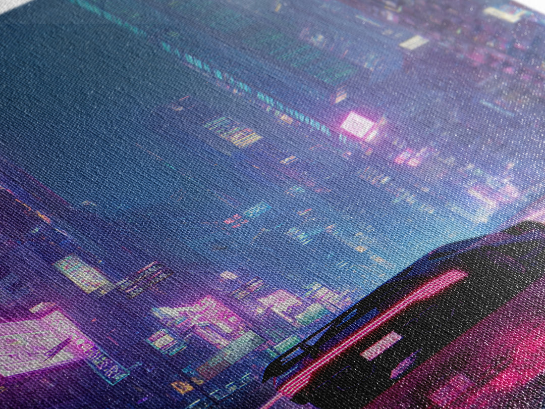 Futuristic Cyberpunk Car Racing Through Neon Lit Rainy City Streets Canvas Print For Trendy Wall Art