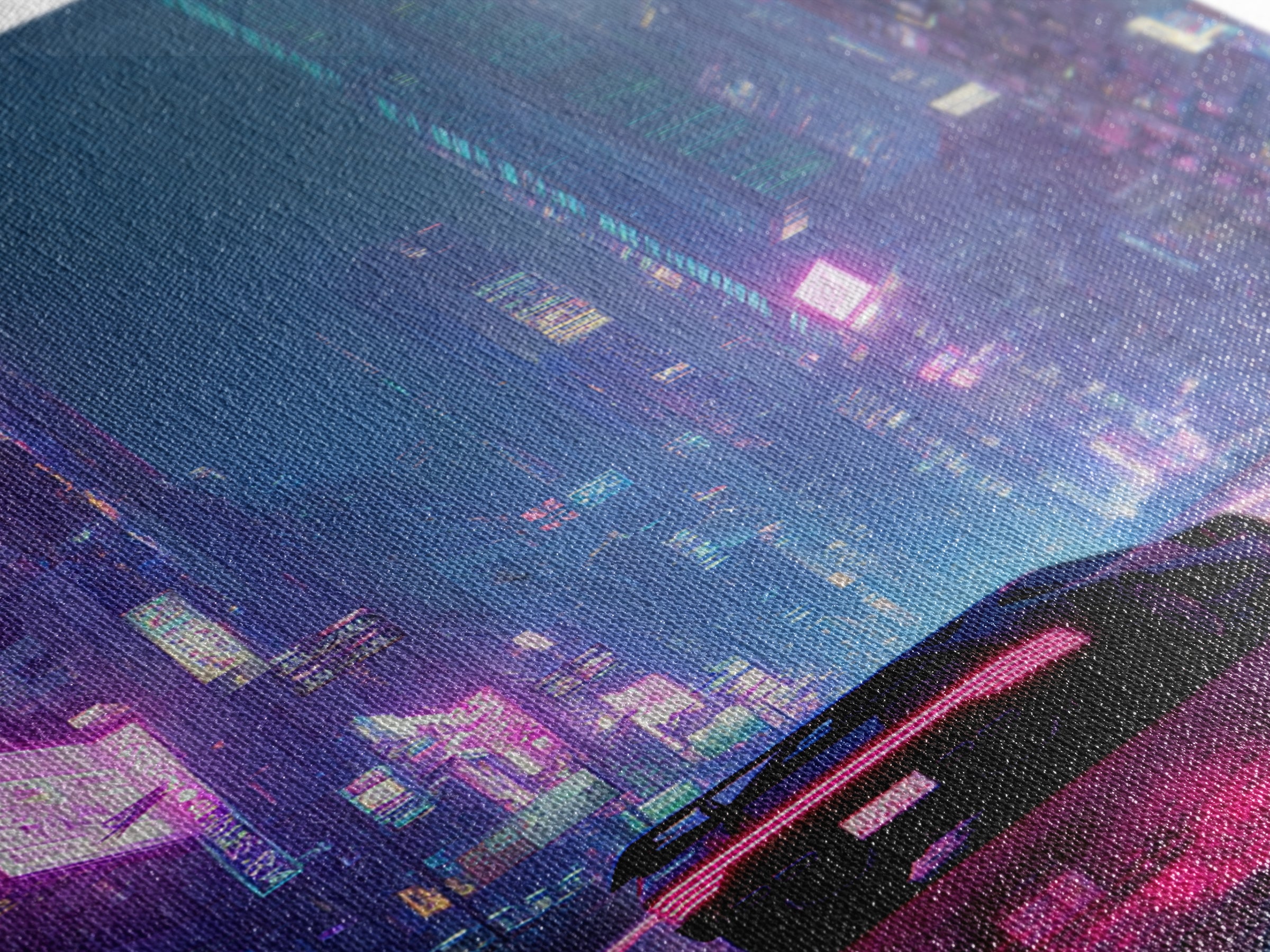 Futuristic Cyberpunk Car Racing Through Neon Lit Rainy City Streets Canvas Print For Trendy Wall Art