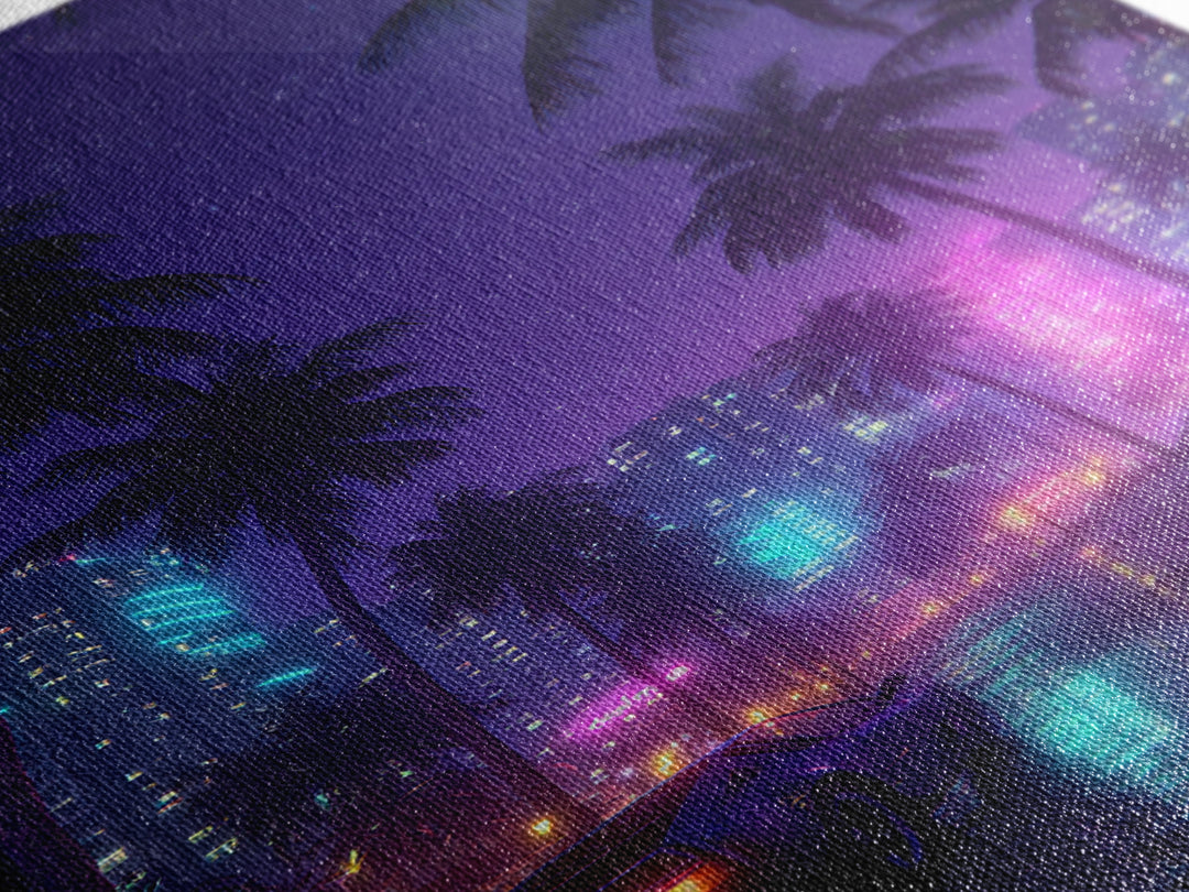 Neon Cityscape With Palm Trees And Retro Sports Car Large Wall Art Framed Canvas Print Vibrant Modern Home Decor
