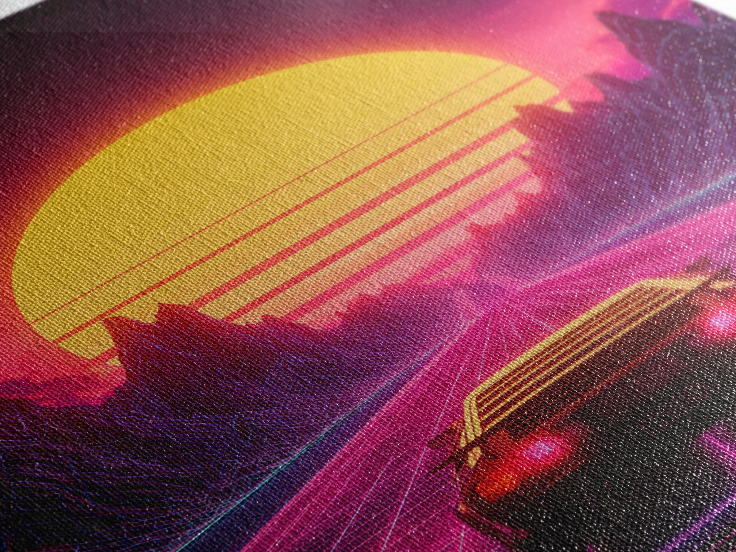 Retro Futuristic Neon Sunset Landscape With Car Driving On Road Wall Art Canvas Print Modern Home Decor For Living Room