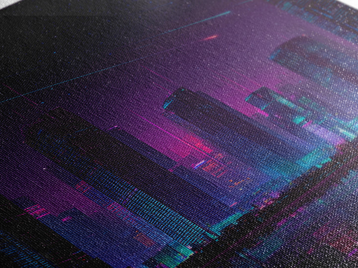 Cyberpunk Neon Cityscape Night Scene With Reflective Water And Shooting Stars Modern Wall Art For Office And Living Room Canvas Print