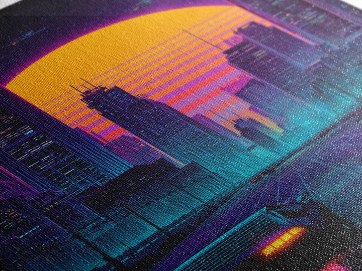 Futuristic Cityscape Digital Artwork With Neon Lights And Retro Sunset Beautiful Contemporary Wall Art Print For Office Decor