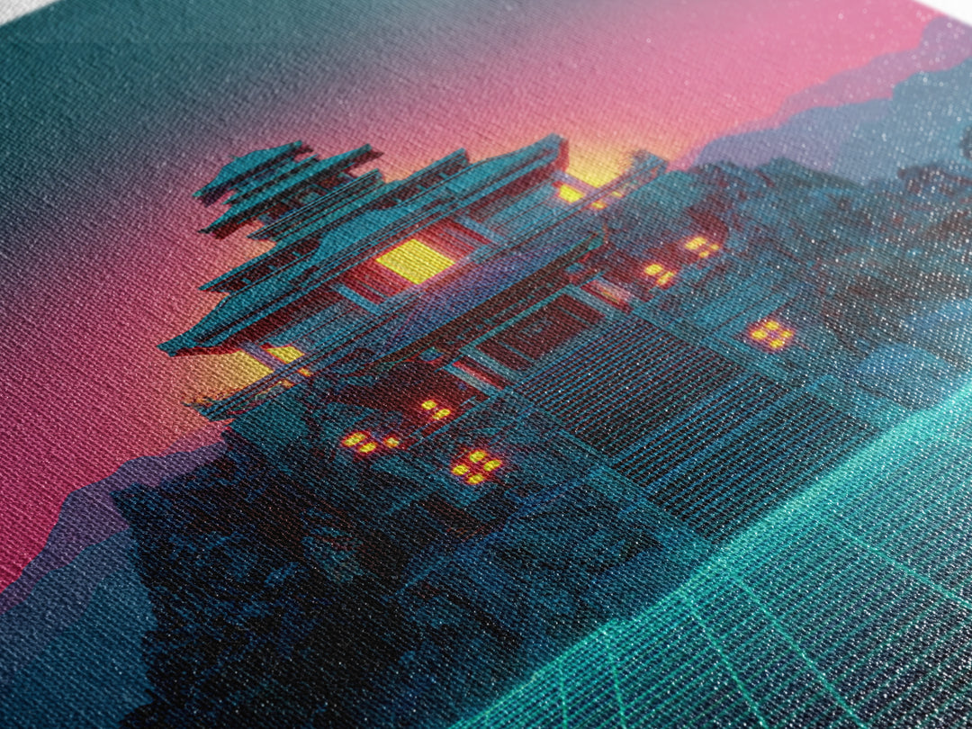 Futuristic Cyberpunk Japanese Temple Digital Artwork Wall Art Vibrant Canvas Print Perfect For Modern Home Decor