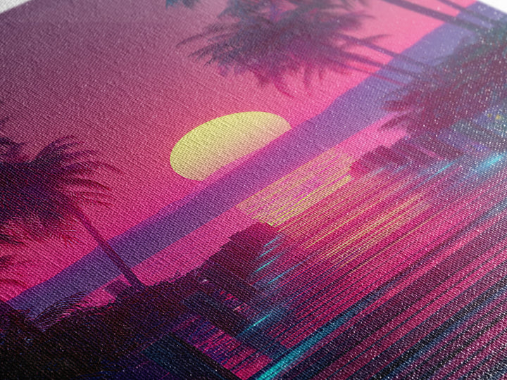 Retro Futuristic Neon Pink Sunset Over Waterfront Pier With Palm Trees Wall Art Framed Canvas Print For Vibrant Home Decor