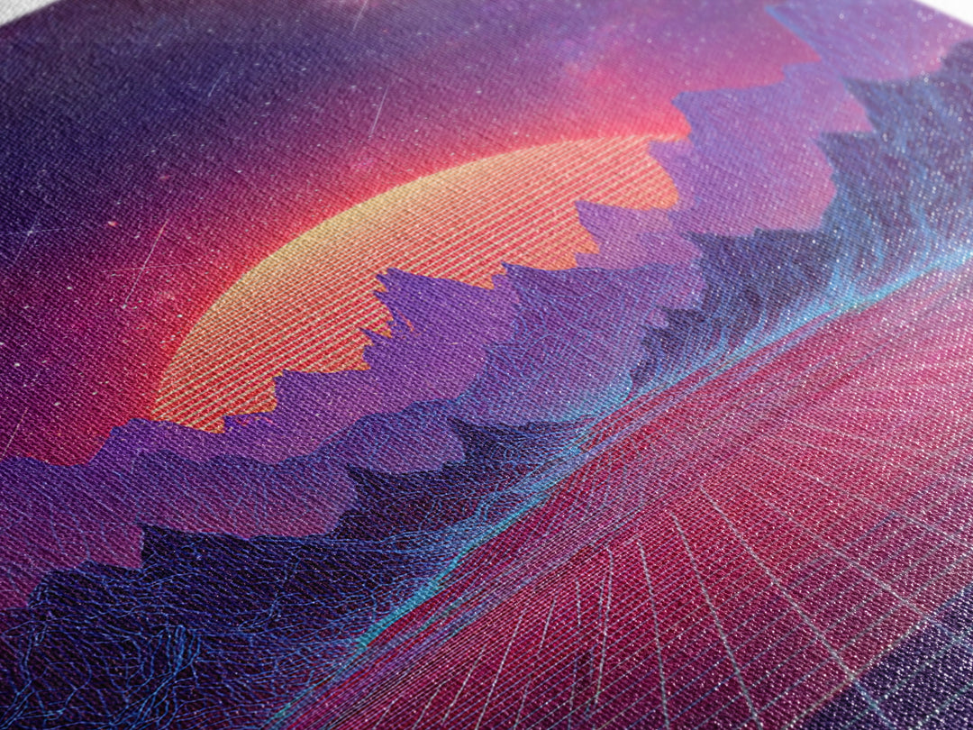 Surreal Futuristic Mountain Sunset Digital Canvas Print, Neon Grid Landscape Wall Art, Sci-Fi Inspired Modern Decor