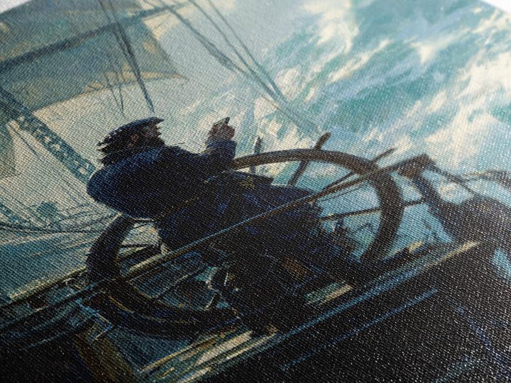Stormy Sailor At Ship Wheel Large Canvas Print, Nautical Seascape Wall Art, Ocean Painting, Coastal Decor For Living Room