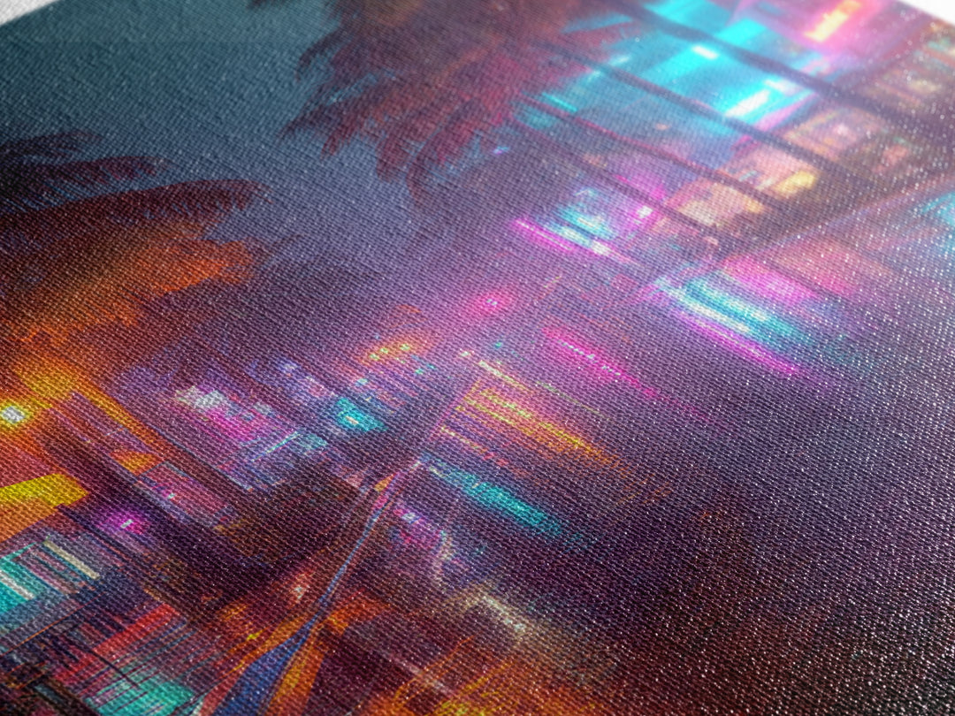 Wet Neon City Street At Night Rainfall Reflection Wall Art Modern Canvas Print For Bedroom And Living Room Decor