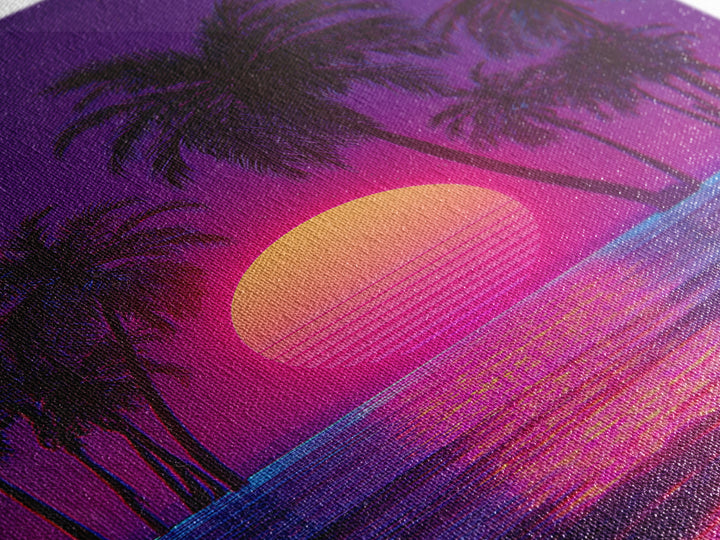 Vivid Neon Sunset With Palm Trees And Reflective Waterfall Retro Futuristic Landscape Wall Art Canvas Print