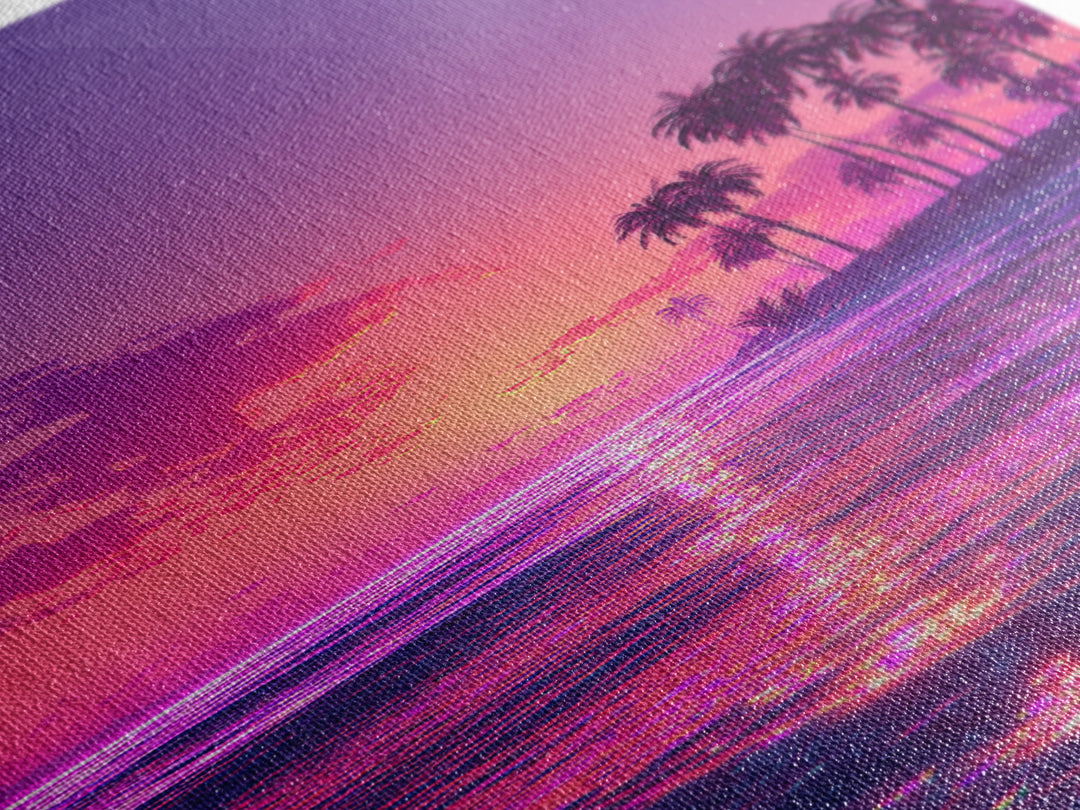 Vibrant Neon Pink And Purple Tropical Sunset With Palm Trees Coastal Wall Art Canvas Print For Modern Beach Decor