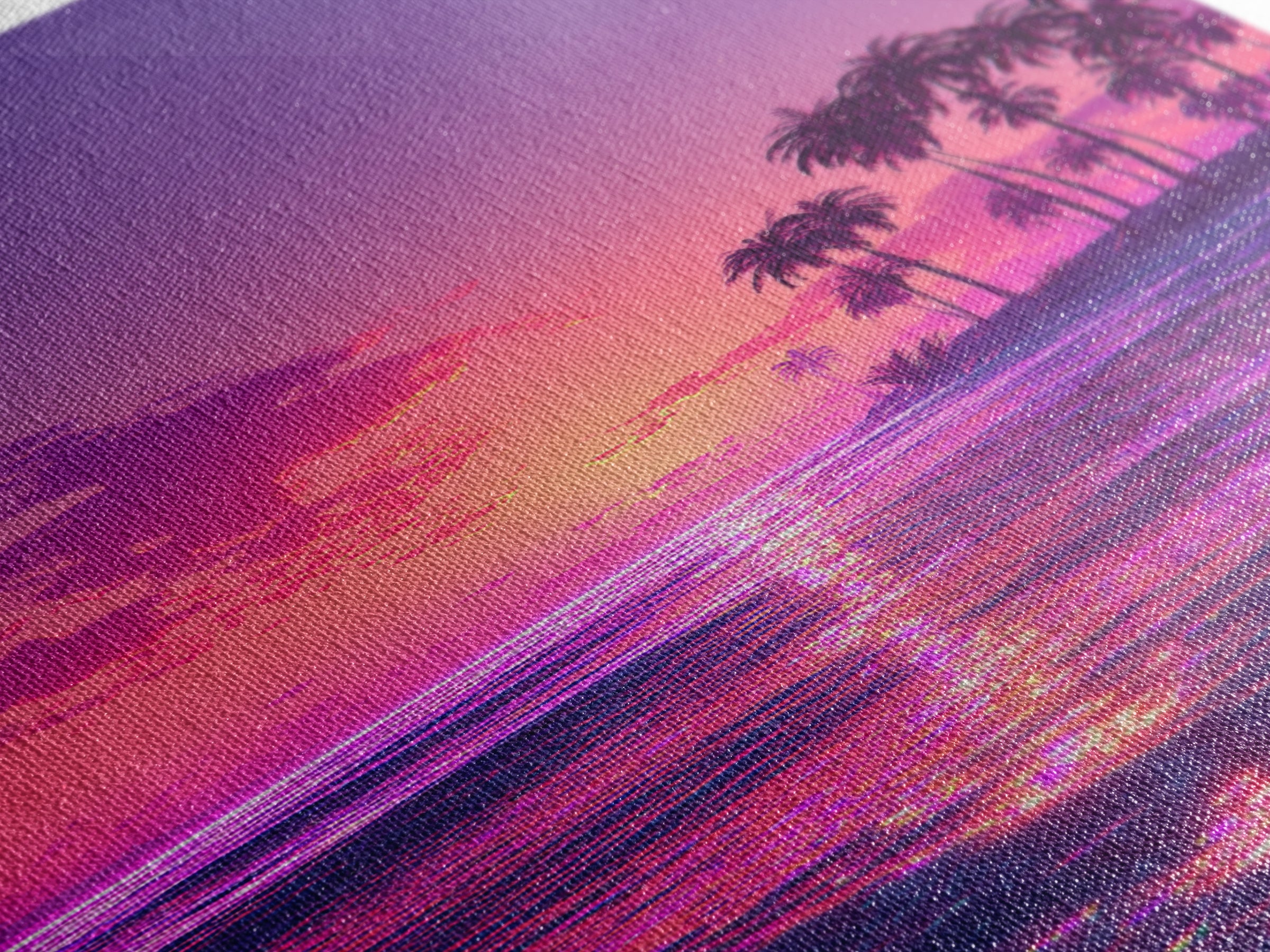 Vibrant Neon Pink And Purple Tropical Sunset With Palm Trees Coastal Wall Art Canvas Print For Modern Beach Decor