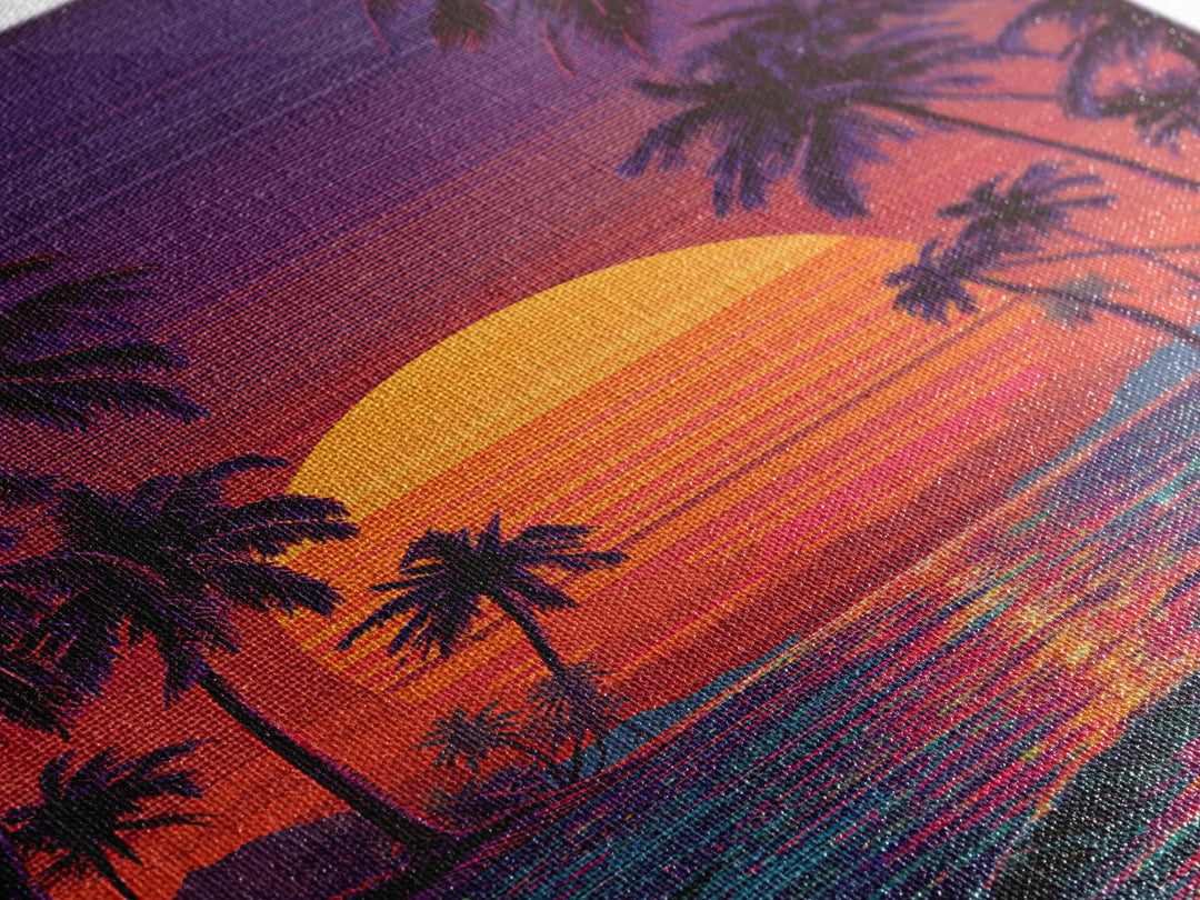 Vibrant Retro Sunset Beach Scene Canvas Print Featuring Palm Trees And Ocean Waves Colorful Coastal Wall Art Home Decor