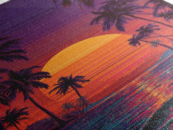 Vibrant Retro Sunset Beach Scene Canvas Print Featuring Palm Trees And Ocean Waves Colorful Coastal Wall Art Home Decor