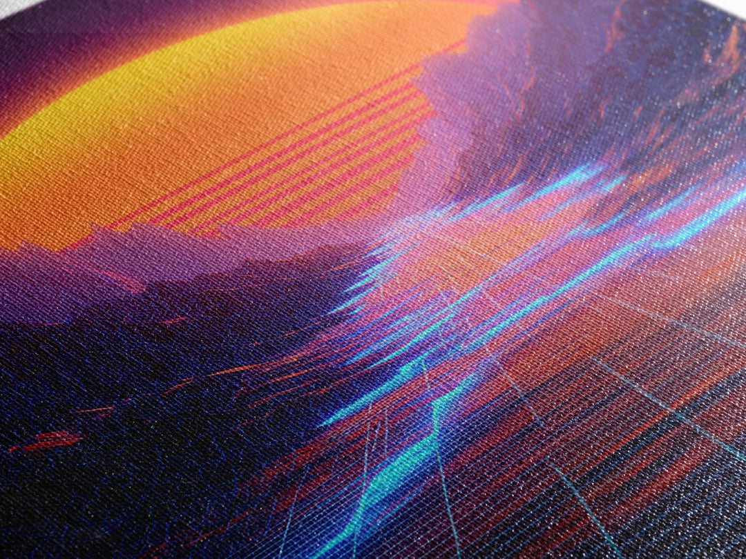 Retro Synthwave Landscape With Neon Grid Road And Large Sun Wall Art Canvas Print For Modern Living Room Decor