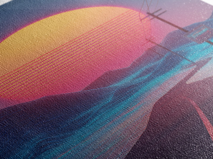 Synthwave Landscape With Electric Colors Neon Sun And Grid Mountains Digital Wall Art Canvas Print