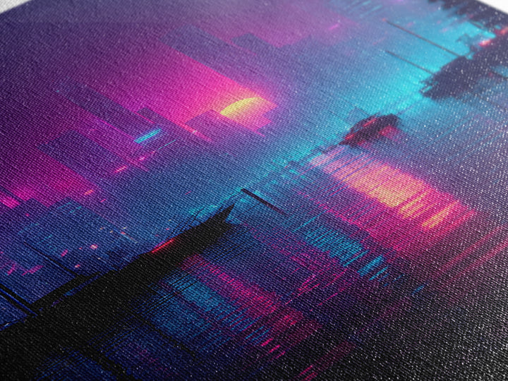 Futuristic Neon Cityscape With Sun Setting Over Harbor Framed Canvas Print For Cyberpunk Wall Art And Modern Home Decor