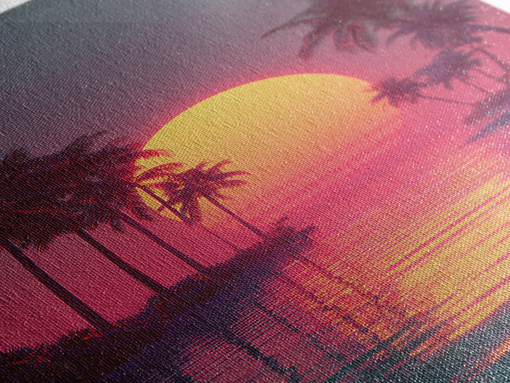 Retro Futuristic Vibrant Palm Trees Sunset With Neon Pink Sky Canvas Print Tropical Wall Art Coastal Decor Modern Wall Art