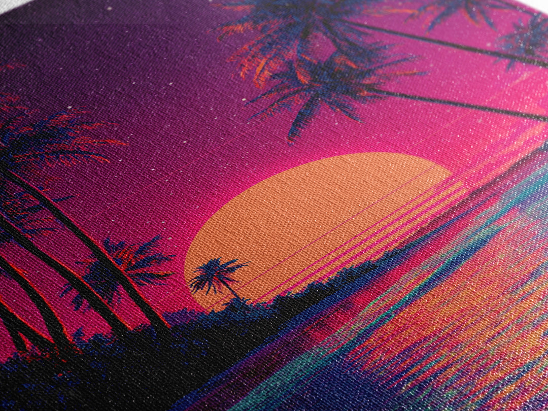 Retro Tropical Sunset With Palm Trees And Starry Sky Wall Art Canvas Print For Boho And Coastal Bedroom Decor