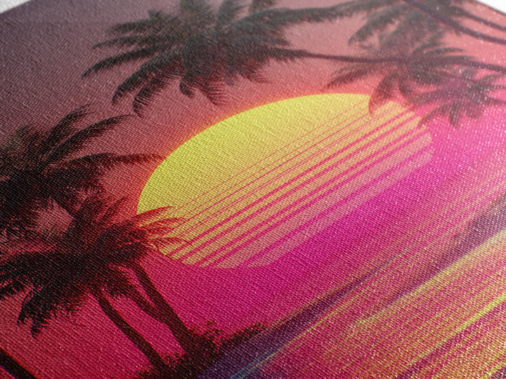 Dreamy Pink Sunset Tropical Island Palm Trees Calm Water Canvas Print Wall Art For Coastal Home Decor