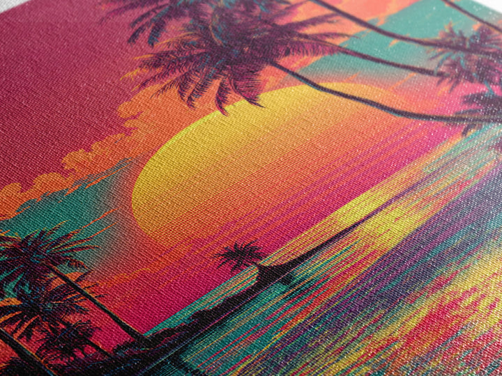 Vibrant Sunset Tropical Landscape With Palm Trees And Ocean View - Framed Canvas Print Coastal Wall Art For Home Decor