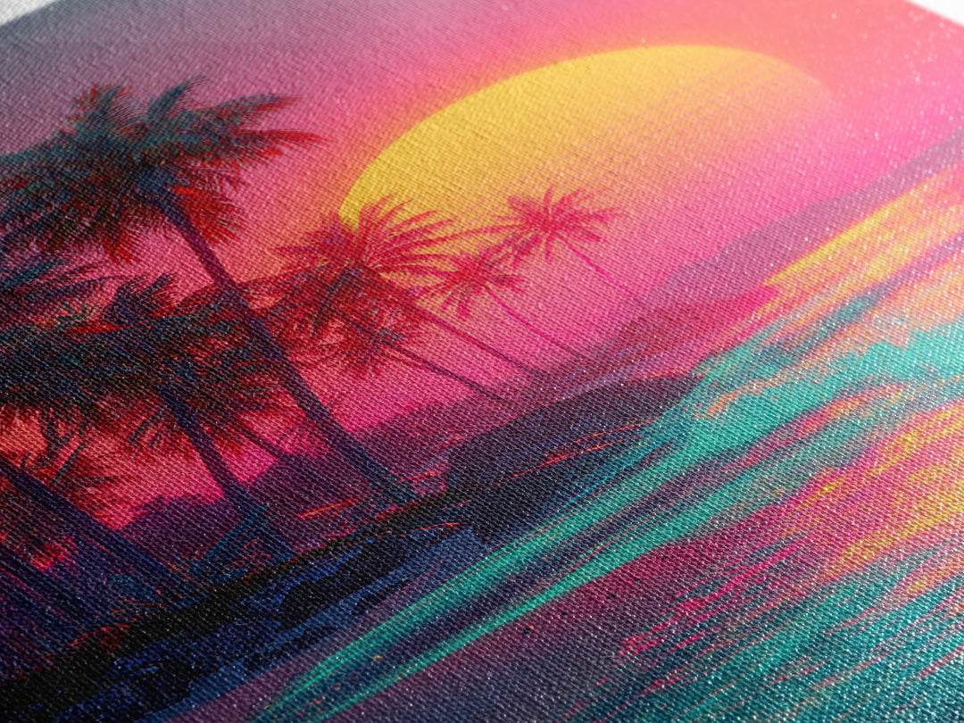 Tropical Beach With Palm Trees And Vibrant Sunset Reflections Large Framed Canvas Print Wall Art