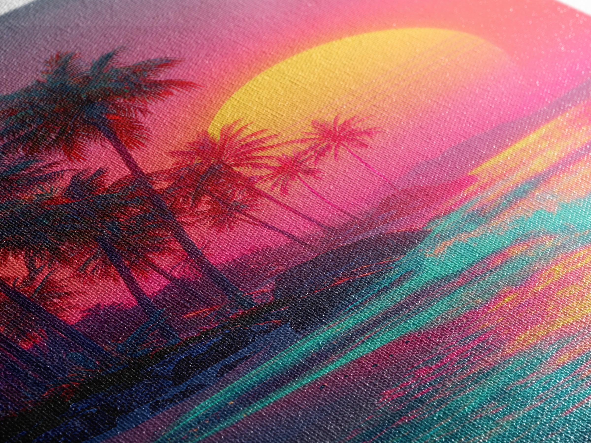 Tropical Beach With Palm Trees And Vibrant Sunset Reflections Large Framed Canvas Print Wall Art