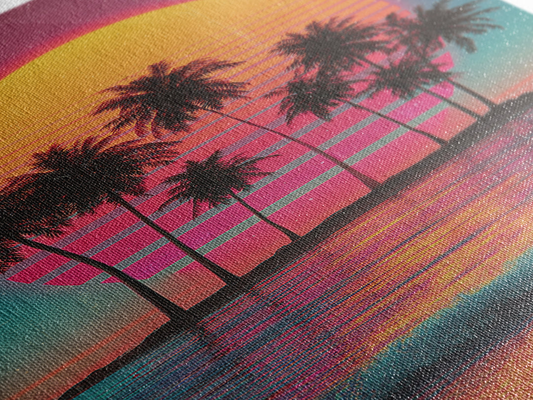 Retro Sunset With Palm Trees Against Gradient Sky Vibrant Framed Canvas Print For Tropical Wall Art And Home Decor