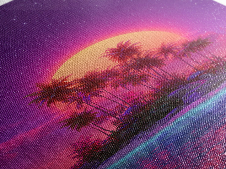 Neon Sunset Tropical Island With Palm Trees Canvas Print Vibrant Wall Art For Coastal Decor And Trendy Home Decor