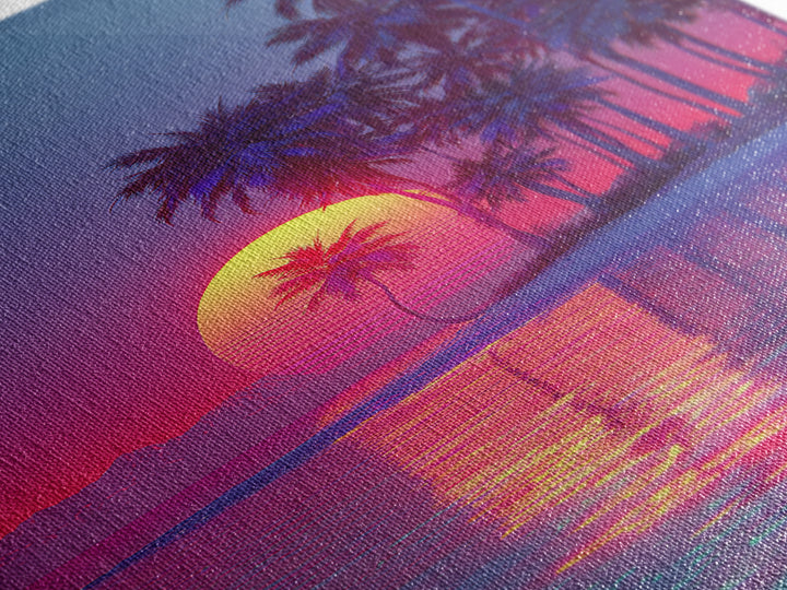 Vaporwave Tropical Sunset With Palm Trees Beach Reflection Canvas Print For Modern Home Decor Wall Art
