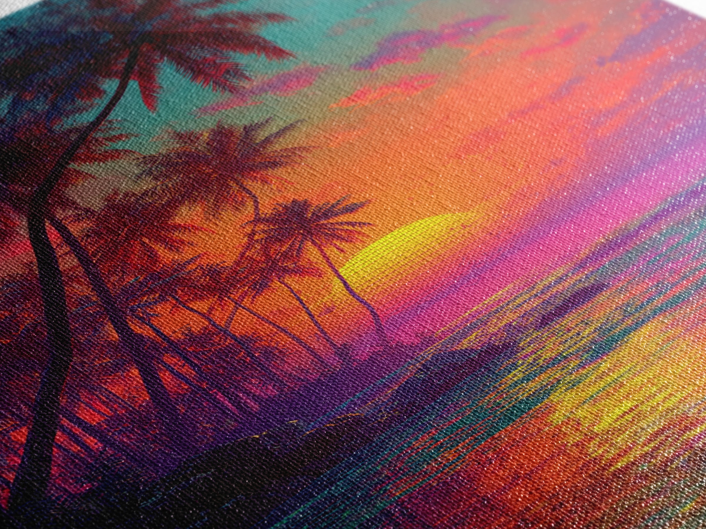 Vibrant Tropical Sunset With Palm Trees Over Ocean Framed Canvas Print Perfect For Coastal Home Decor