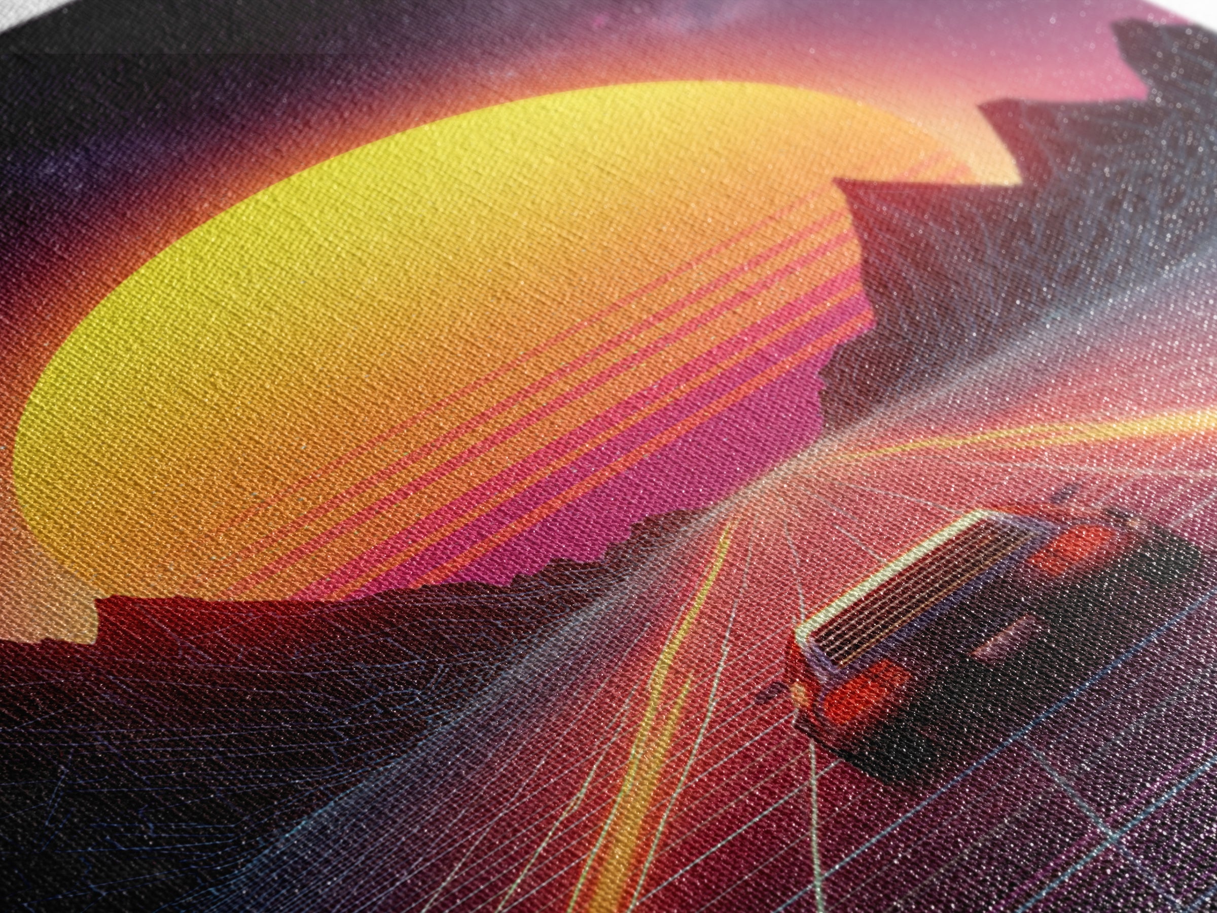 Vibrant Retro Futuristic Road Landscape Canvas Print With Neon Sunset And Car Driving Through Digital Mountains