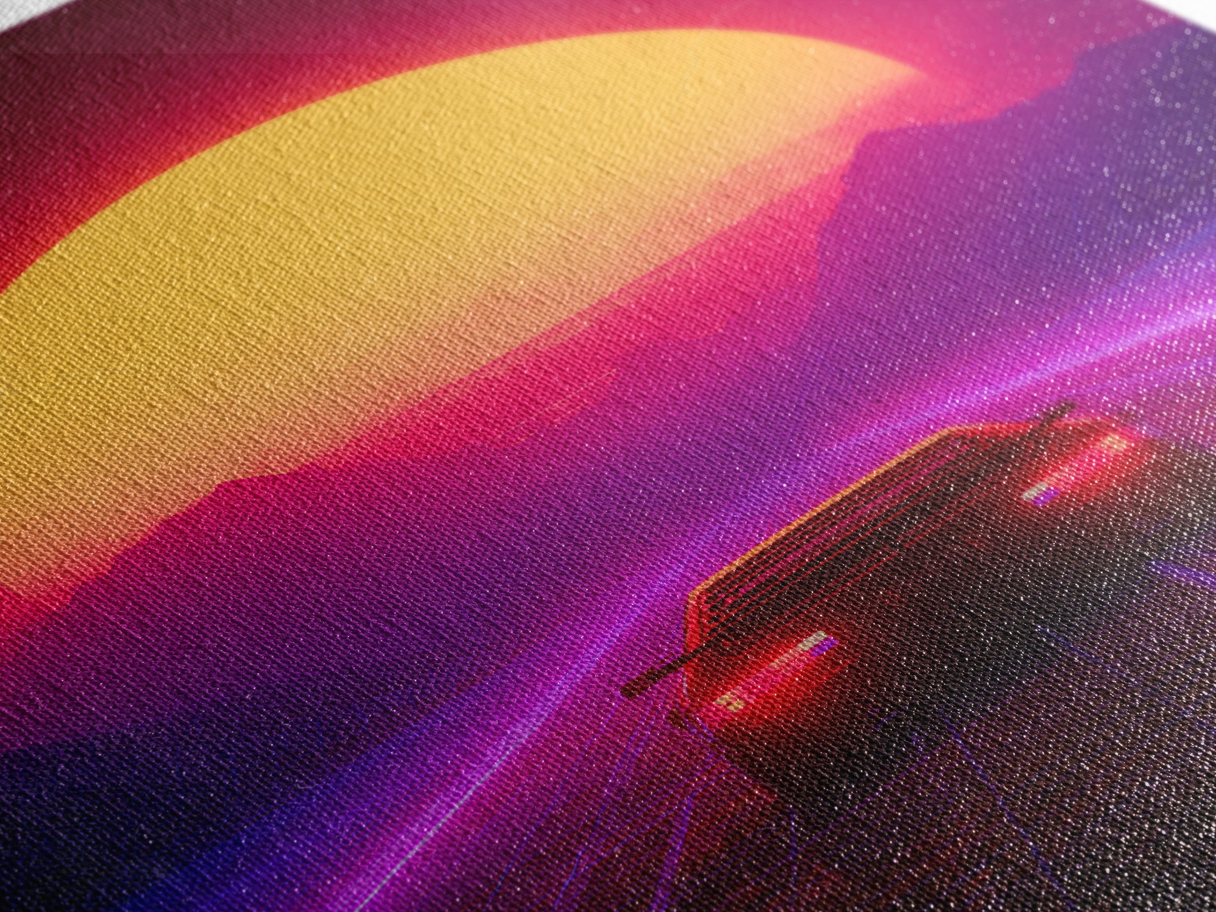 Synthwave Retro Neon Landscape With Sports Car And Palm Trees Under Glowing Sunset Canvas Print For Vaporwave Wall Art And Modern Decor