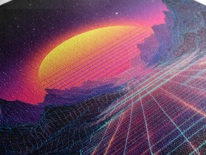 Retro Neon Landscape With Glowing Sun And Grid River Abstract Digital Wall Art Canvas Print For Modern Room